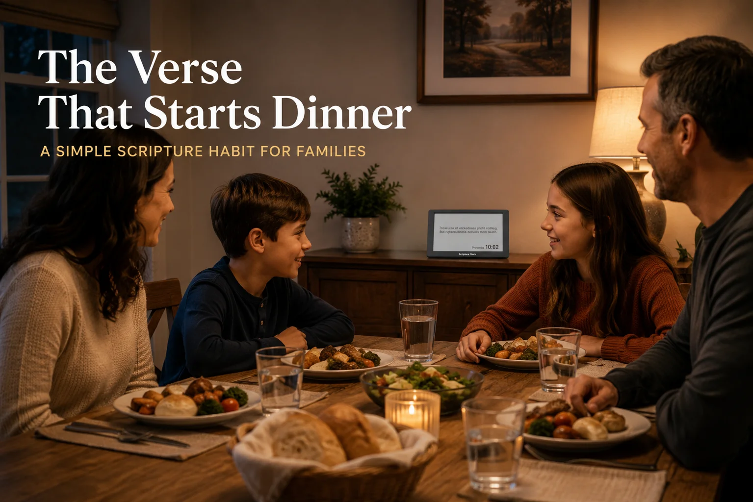 A family reading the verse at dinner
